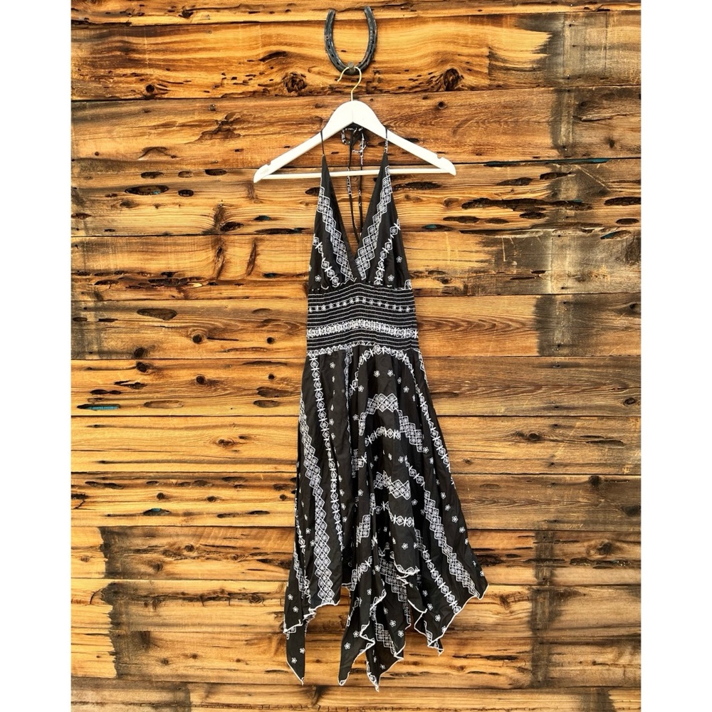 VA VA VOOM | Black Tribal Aztec Apron Scarf Halter Dress L